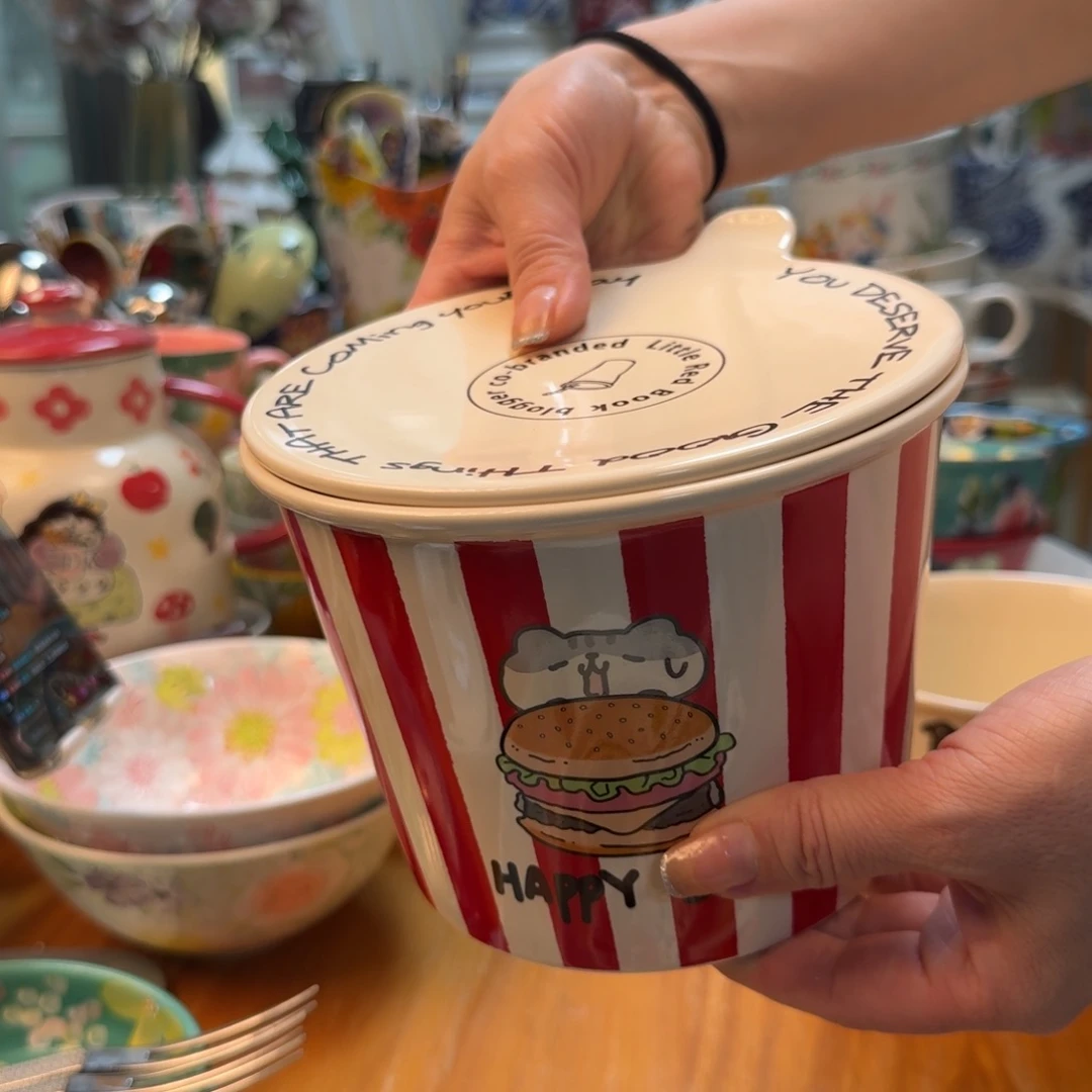 陶瓷条纹带盖泡面桶一只