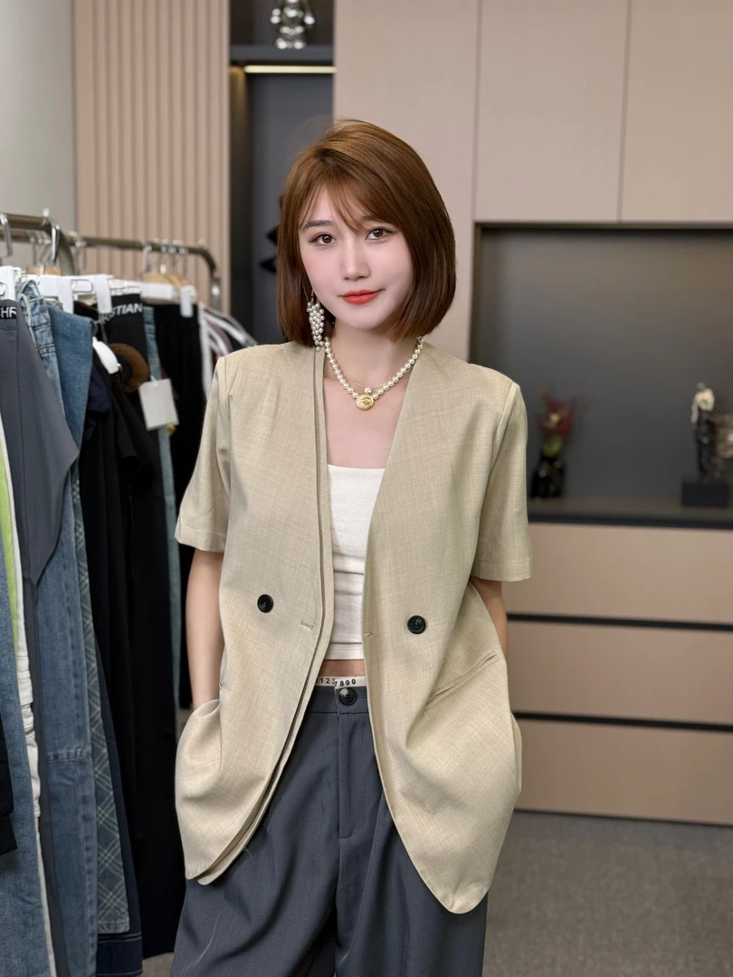 【海南珍珍】高级感V领双色麻女宽松显瘦极简气质半袖西服上衣2556
