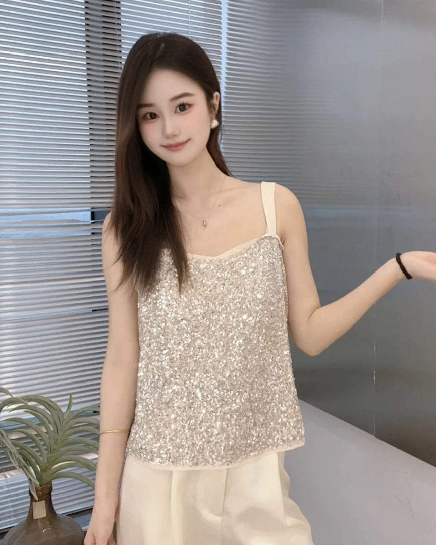 【时尚百搭】2025夏新款网红别致闪闪亮片性感blingbling小吊带背心