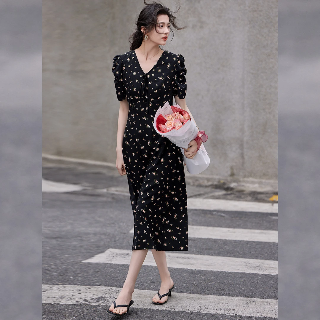 【商场同款新品】白鹿语领口系带修身印花连衣裙WYU20080