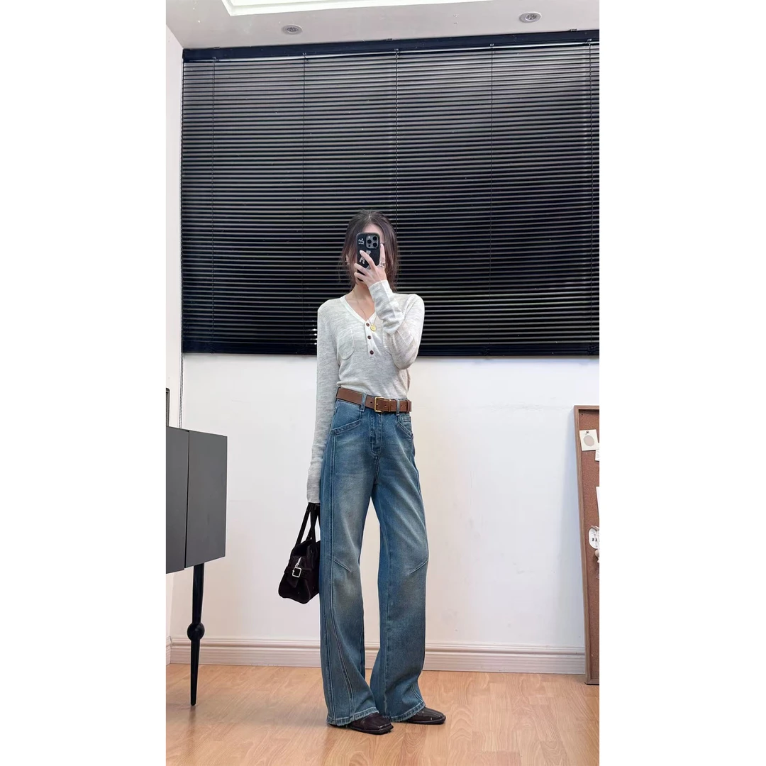 【轨迹】2025秋先锋解构复古高街水洗直筒阔腿牛仔裤高腰窄版阔腿裤