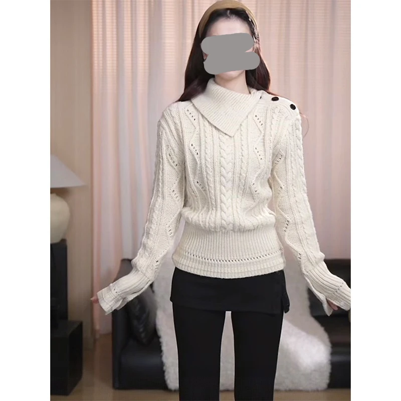 法式撞色拼接半高领长袖针织衫女秋冬季修身设计感小众上衣