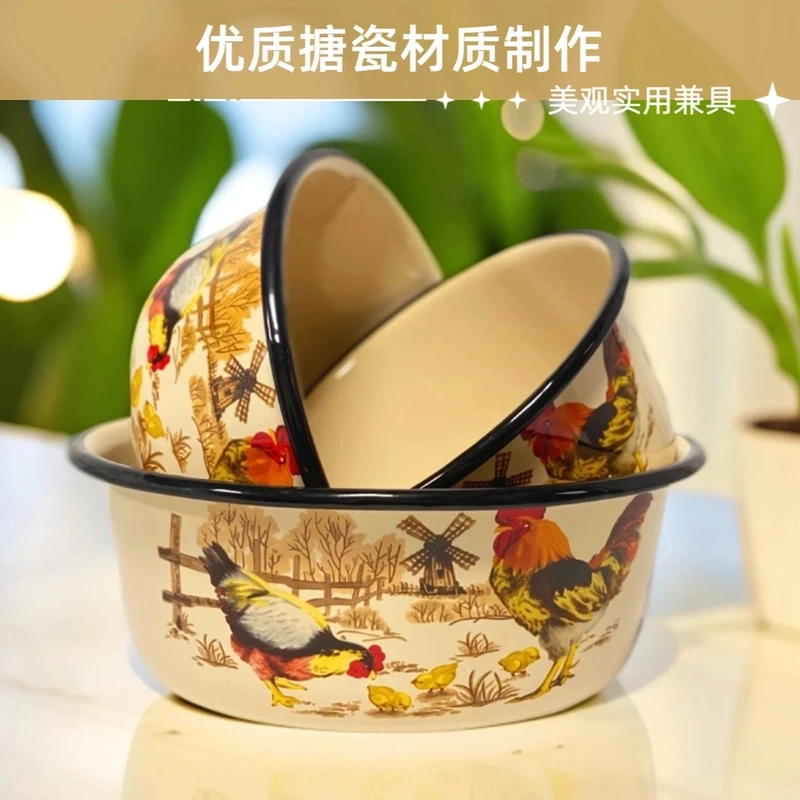 24-28-32厘米高颜值珐琅搪瓷大公鸡图案三件套盆洗菜盆和面盆汤锅