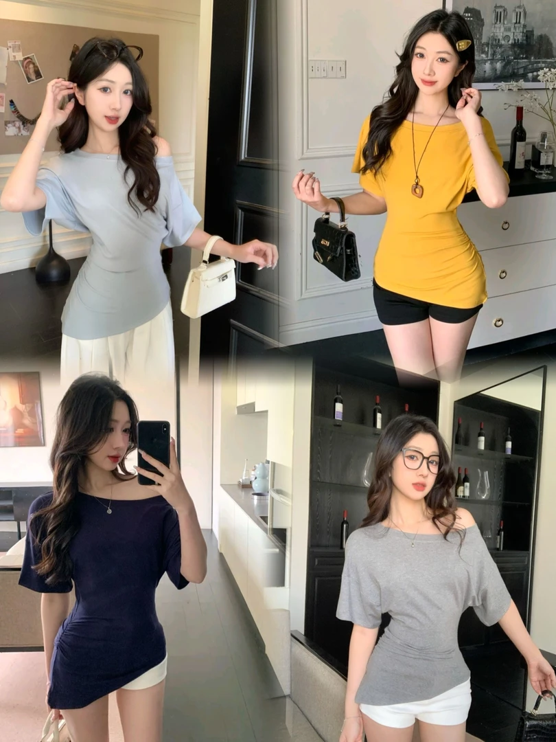 显瘦一字肩斜肩短袖T恤女夏2025不规则修身辣妹气质露肩百搭上衣
