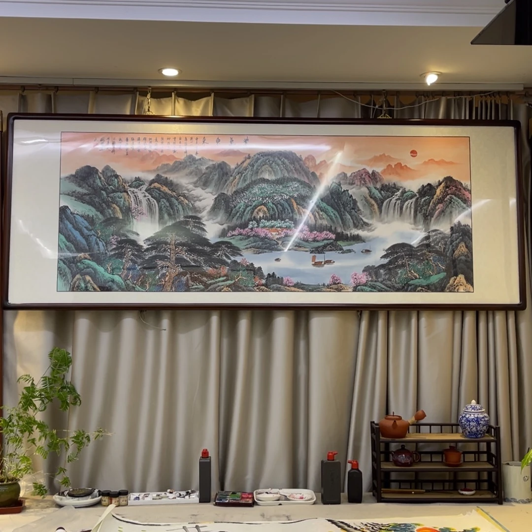 国画紫气东来六尺成品画框225×85