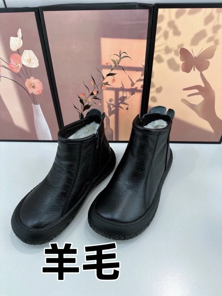 复古英伦真皮加绒保暖短靴头层牛皮羊毛内里侧拉链平底防滑马丁靴