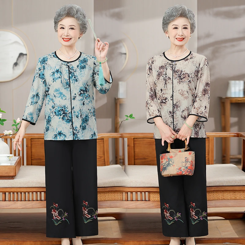 F272 妈妈装夏款洋气套装中老年女夏季花色上衣松紧腰裤子两件套