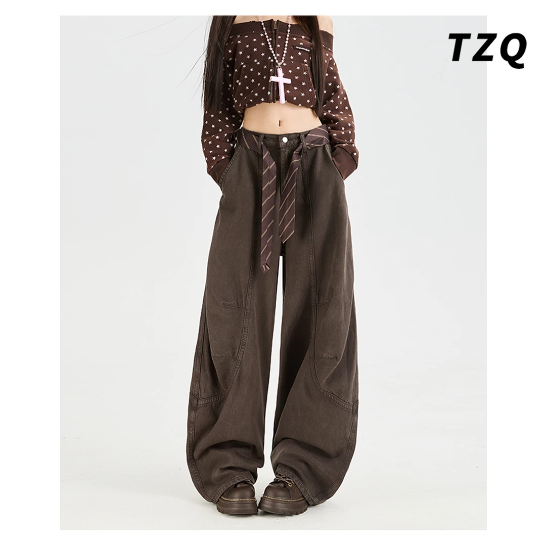 暗海绿复古高腰阔腿裤女秋季设计感辣妹廓形弯刀牛仔裤TZQ2582421