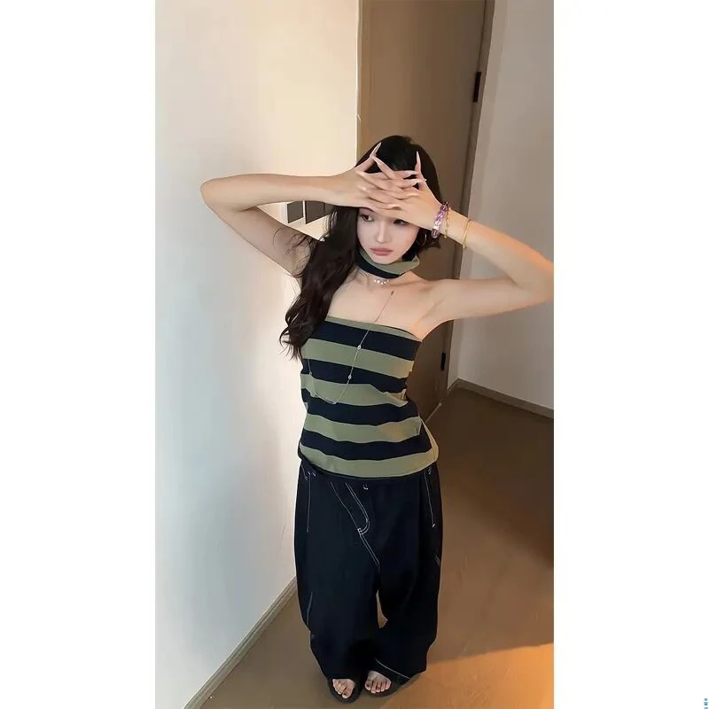 一字肩挂脖条纹针织背心海边度假抹胸上衣小众斜门襟直筒牛仔裤子