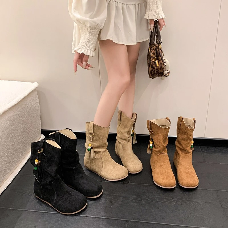 复古英伦风女堆堆靴中筒靴骑士靴2025秋冬季韩版瘦瘦靴短靴女靴子