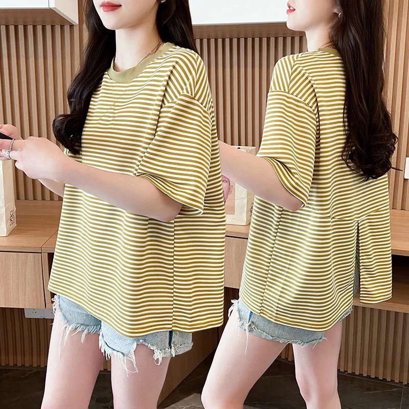 设计感小众条纹短袖t恤女2025新款夏季韩版宽松大码后背开叉上衣