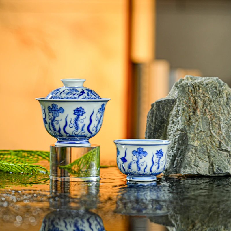 【小乔赏瓷】景德镇柴窑手绘如意海一盖一杯（moshe1154）手工茶具