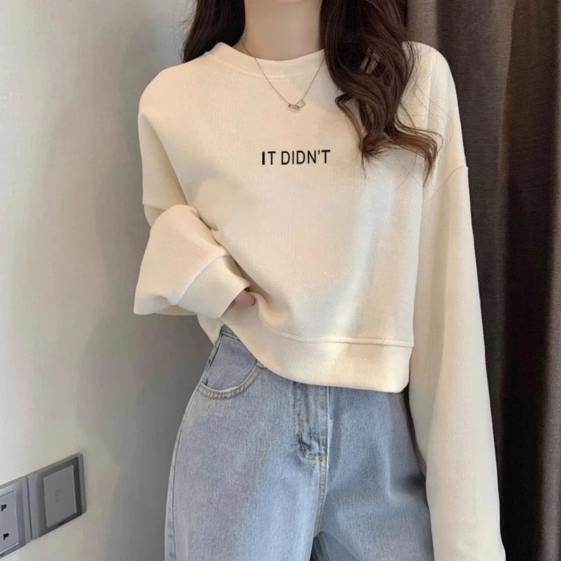 2025秋冬新款季圆领高腰短款小个子卫衣女薄款爆款宽松加绒上衣服