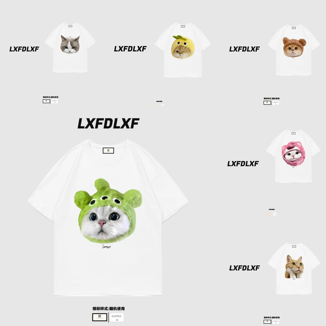 【猫咪-系列】男女同款 LXFDLXF 直喷工艺白色短袖t恤女男宽松情侣