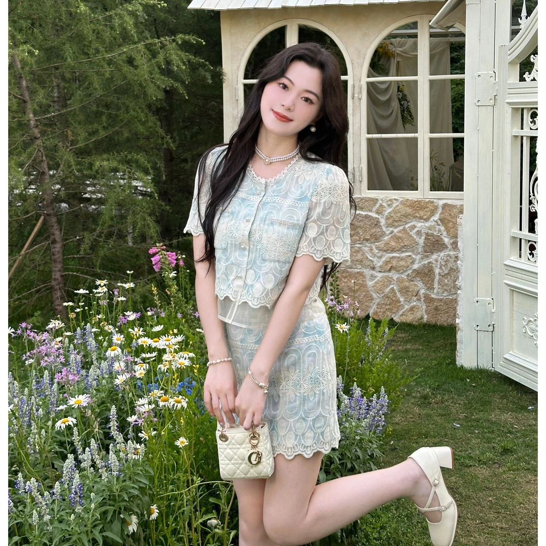 【Y-25-33】国风休闲感通勤套装法式蕾丝重工碎花袖时尚夏季复古