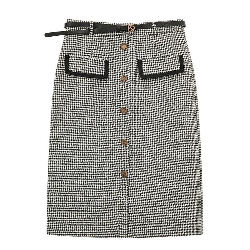 【小铃铛】摩登复古千鸟格中长款直筒裙子S1249