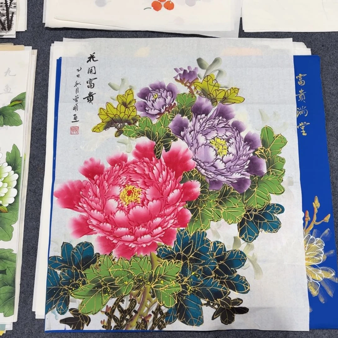 国画68×60千层金线牡丹画画画