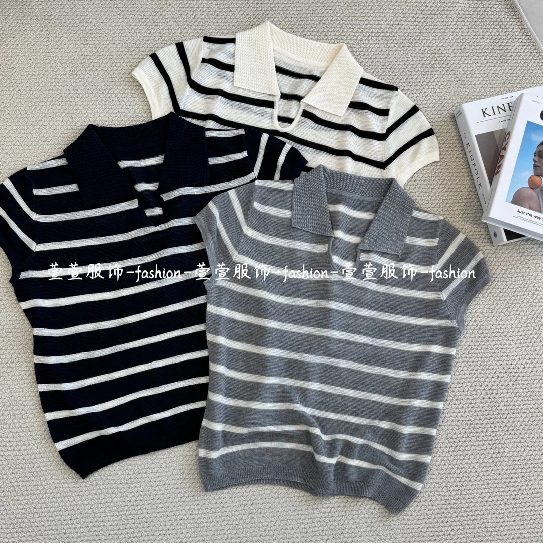【萱萱服饰】DX963夏季新款简约条纹时尚个性百搭针织POLO套头短袖