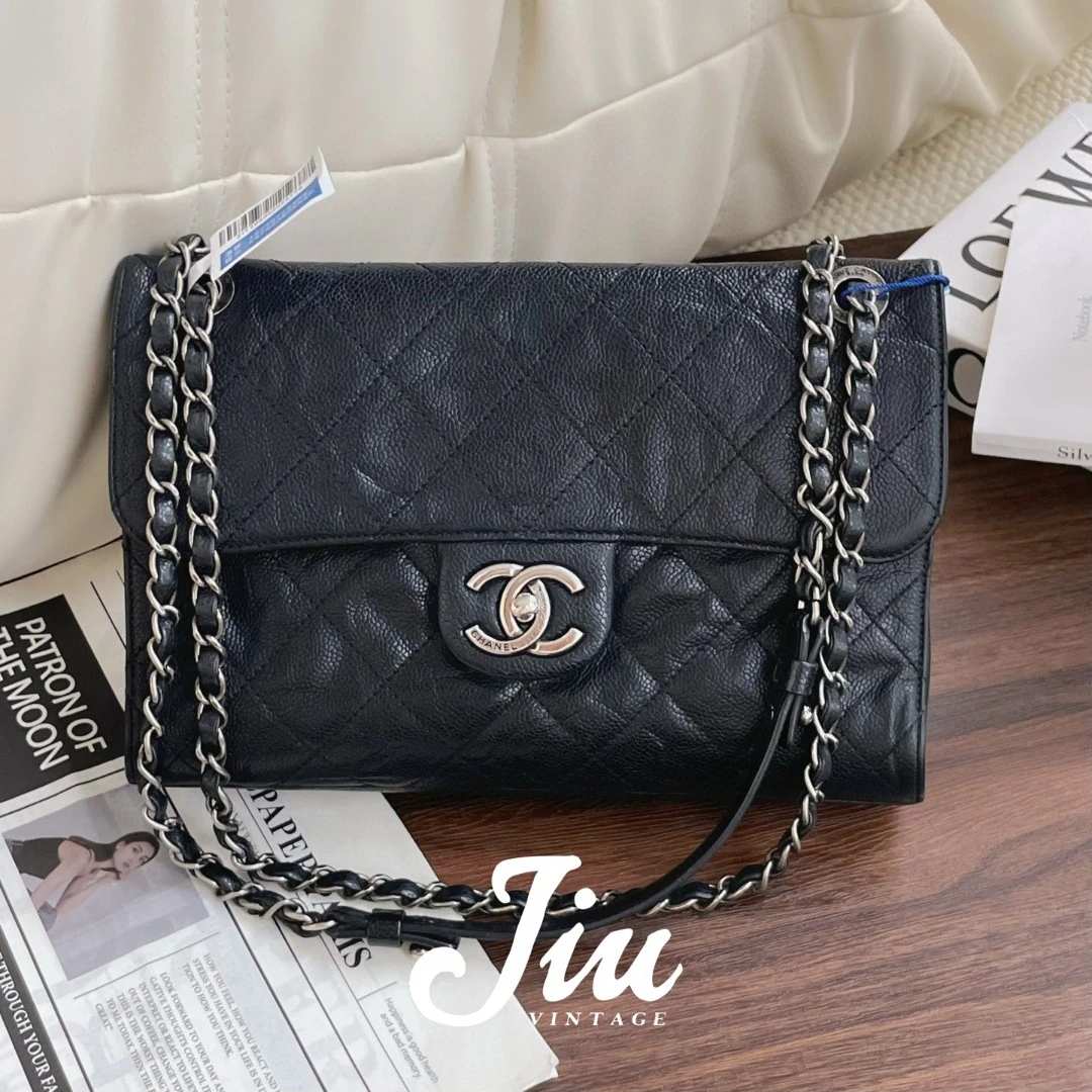 99新 Chanel/香奈儿 中古CF黑银牛皮18开中检CJM15-0086