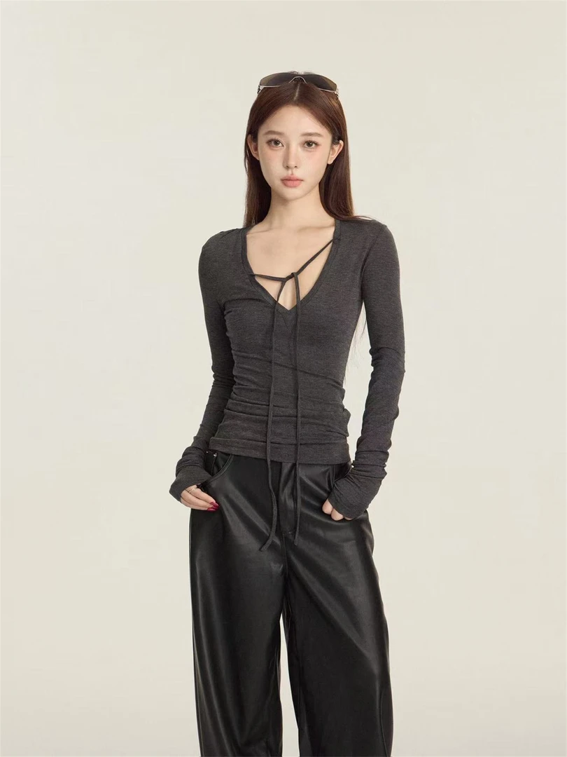 【CHUN ZI】深V领绑带修身T恤女秋季微磨毛显瘦深花灰长袖上衣