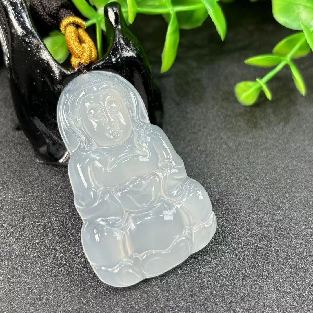 无品牌S6955【玉甲】万年寒冰玉白玛瑙观音吊坠-配绳子-送礼佳品