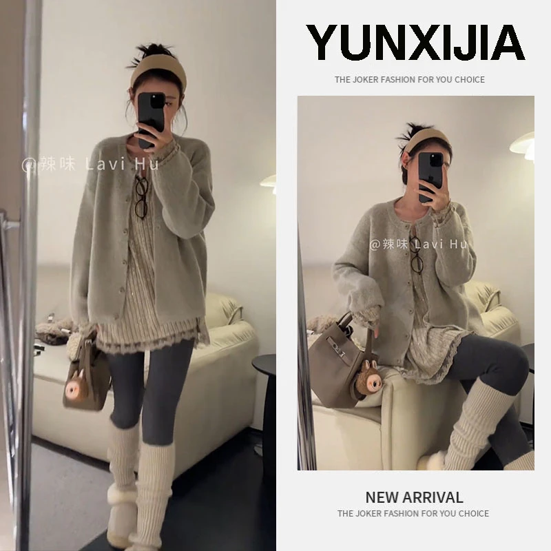 流行一整套2025秋冬新款时尚甜美减龄慵懒风上衣开衫鲨鱼裤三件套