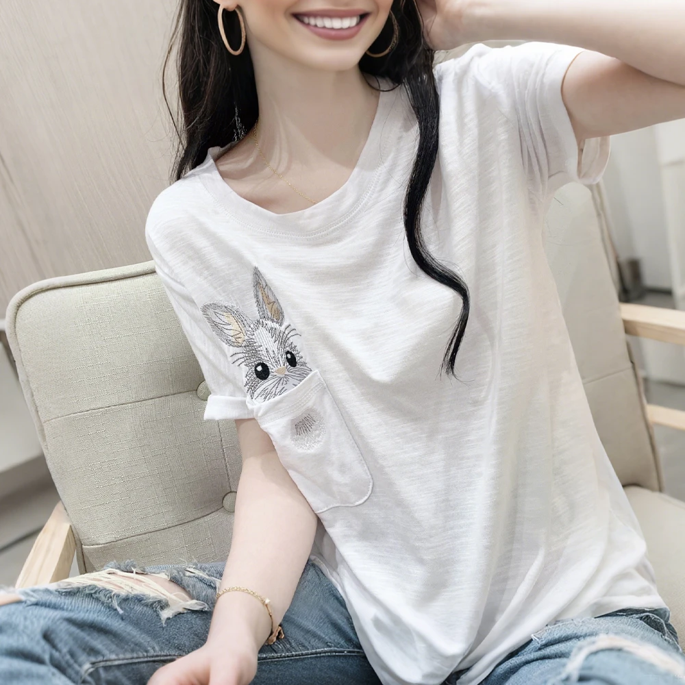 白色竹节棉刺绣圆领短袖T恤女夏季新款宽松显瘦开叉小众体恤上衣