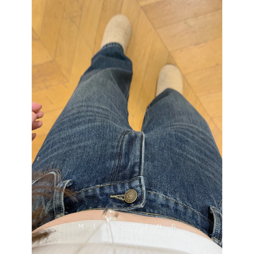 应小姐【布鲁士】微胖大码韩系时尚水洗休闲百搭直筒外穿高腰牛仔裤