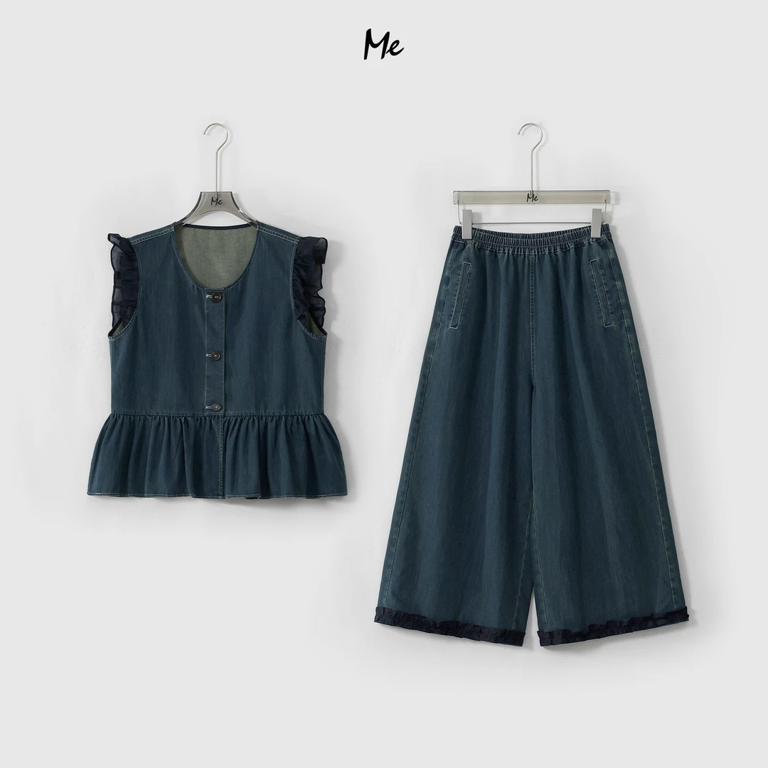 ME【荷叶牛仔套装】木耳边高腰显瘦百搭复古水洗牛仔套装MESS6315