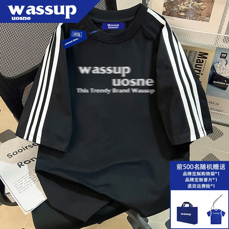 WASSUP UOSNE纯棉宽松短袖t恤男夏季新款休闲百搭三条杆半袖上衣