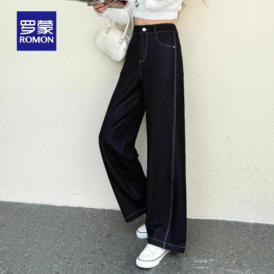 罗蒙妈妈装2025秋季新款阔腿牛仔裤女款高腰显瘦宽松垂感拖地裤子