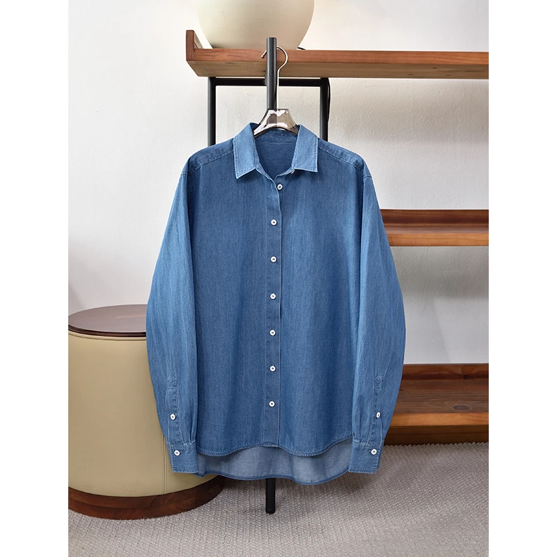 春季新品 女款蓝色做旧时尚复古长袖翻领衬衣