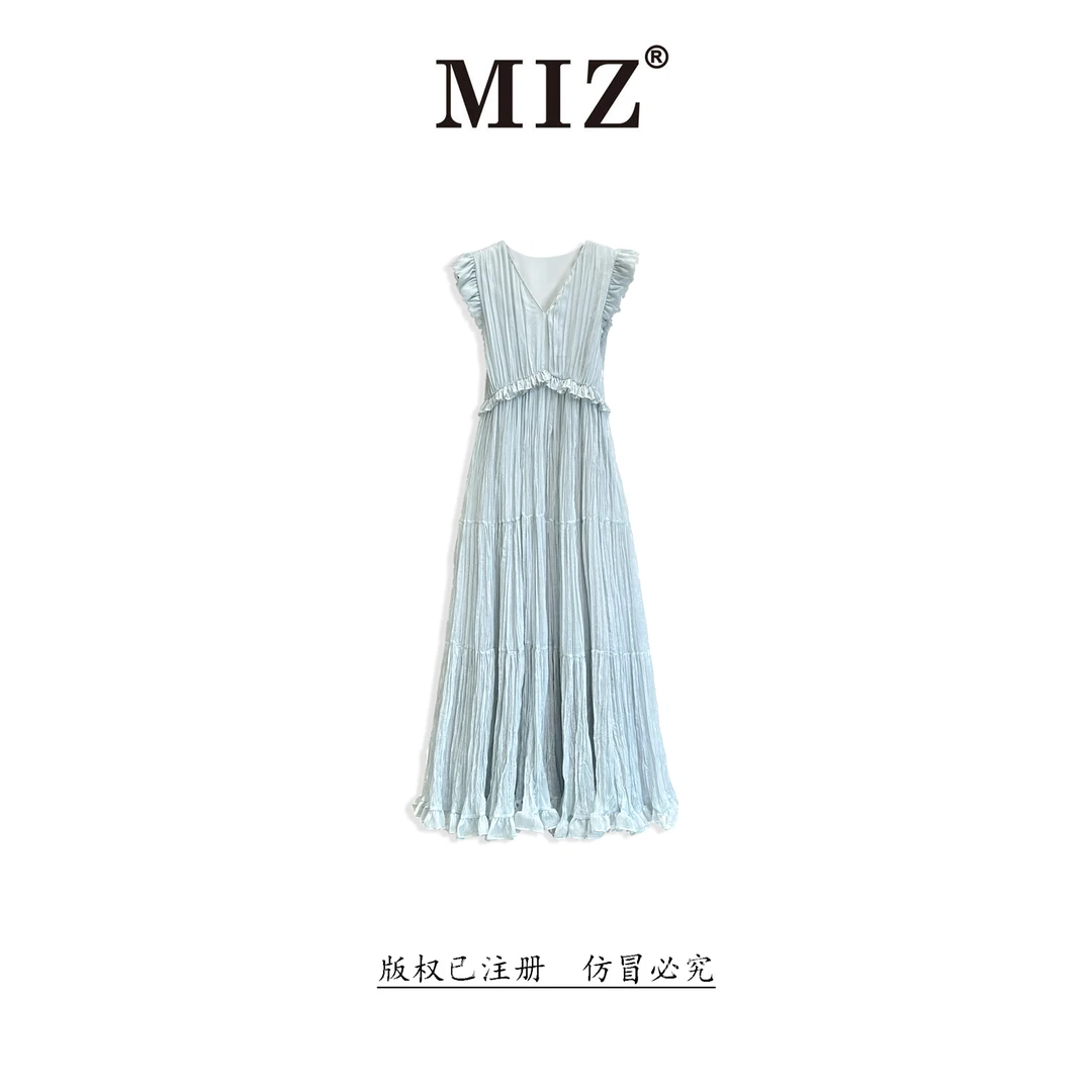 【MIZ】夏季优雅气质浅蓝色修身显瘦压褶花边长款仙气连衣裙2526145