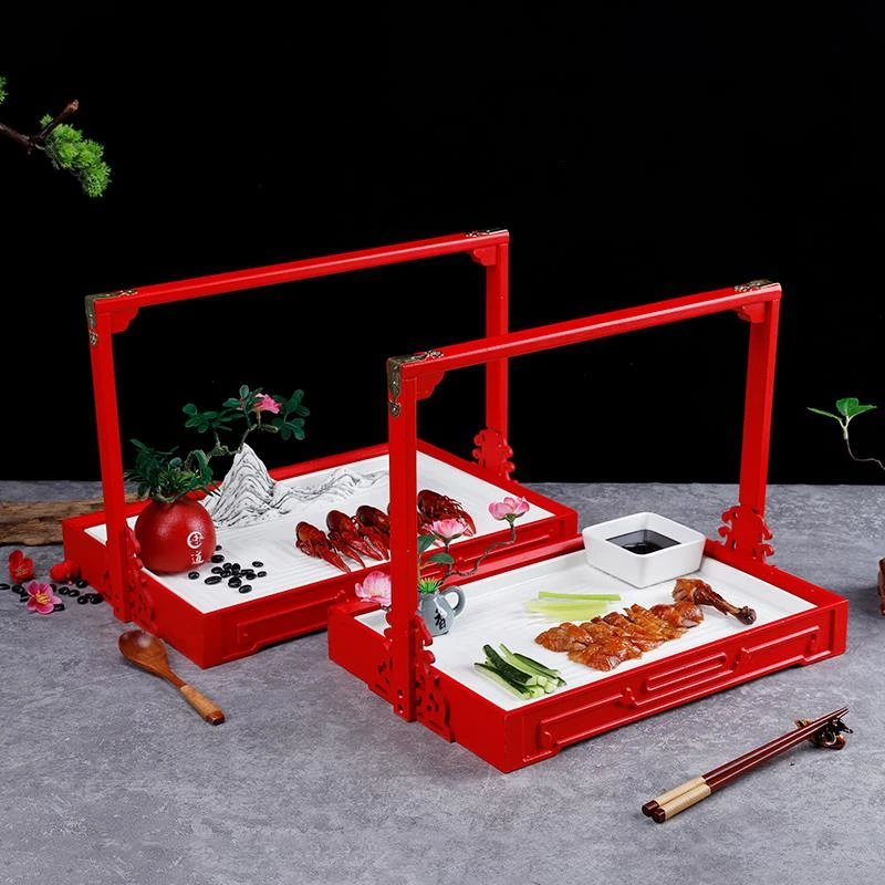 酒店创意餐具套装竹木新中式意境菜手提盘中国红特色菜餐具商用