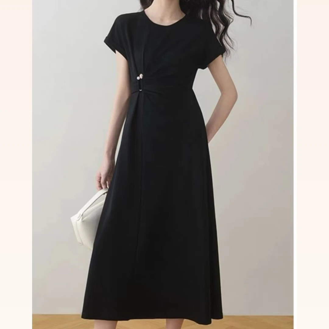 【墨臻精选】夏季法式一粒扣赫本风裙子修身长裙连衣裙25-38