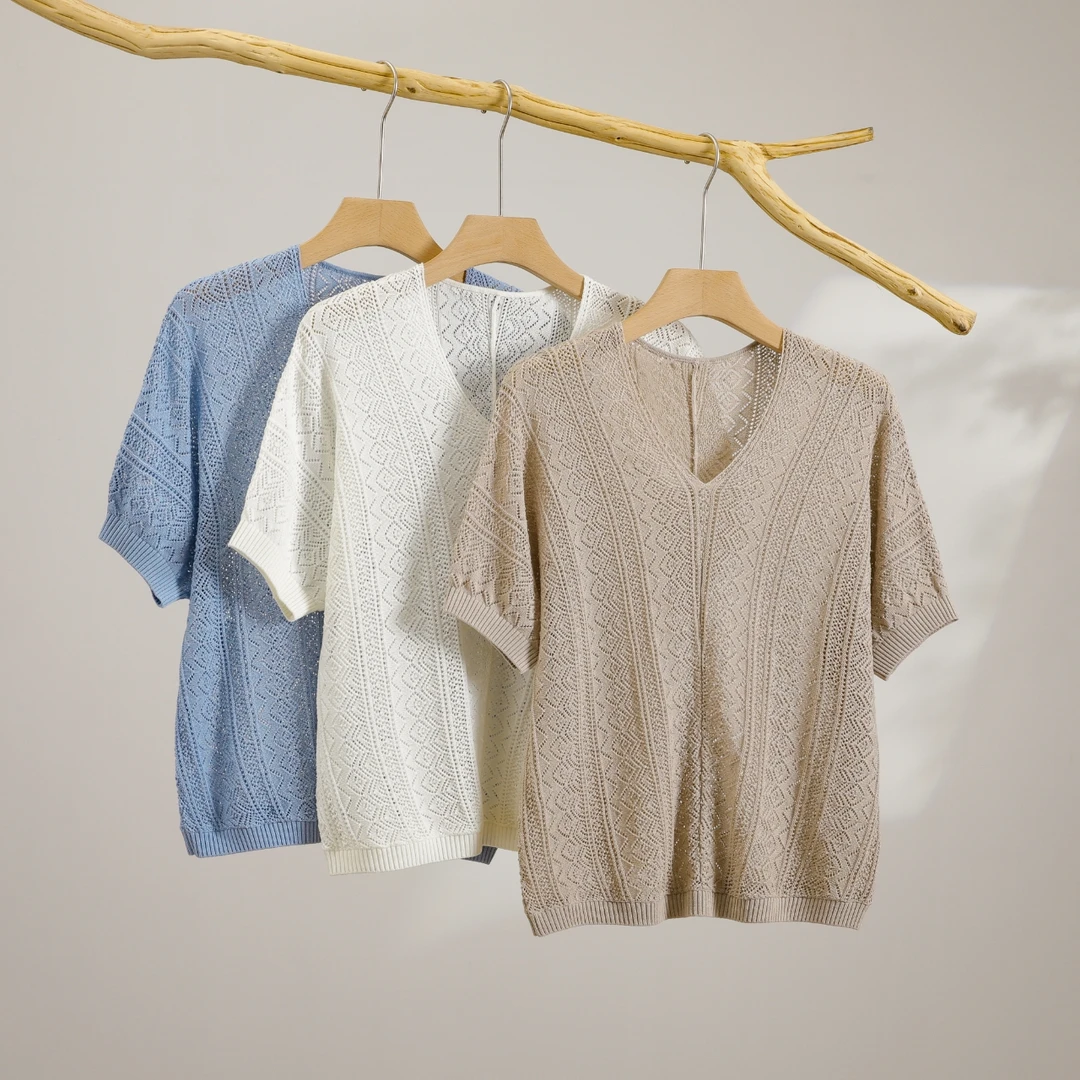 【洋气落肩】时尚百搭夏季镂空V领抗皱半袖气质针织衫8203