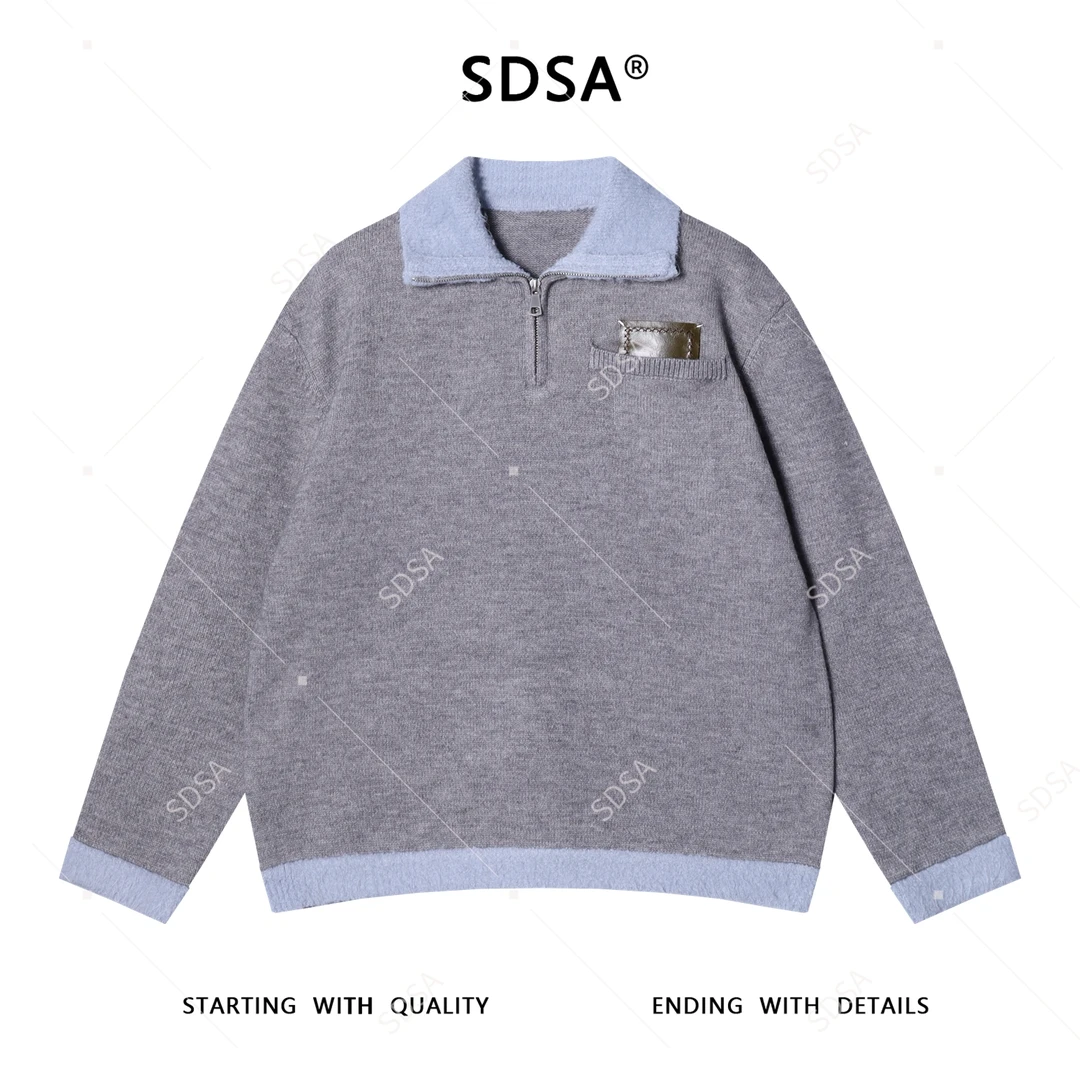 SDSA秋冬新款痞帅男装韩版口袋撞色半拉链翻领针织衫毛衣百搭