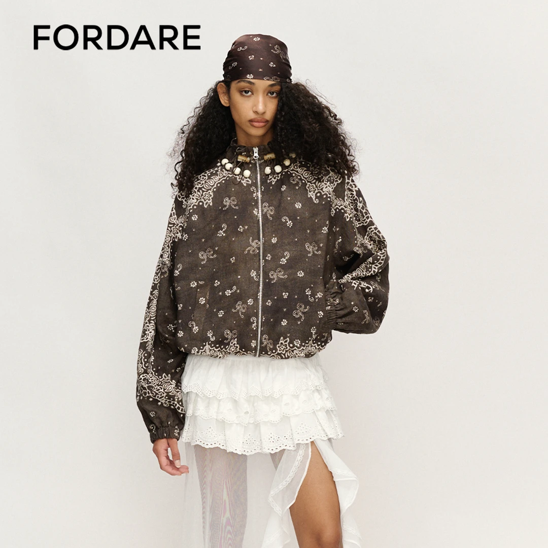 FORDARE福蝶 春季新品 抱抱小熊腰果花抽褶外套女士休闲外套1530