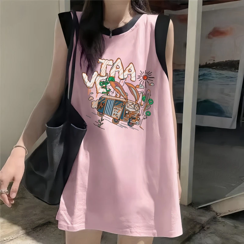 纯棉多巴胺撞色无袖背心女外穿夏2025新款宽松吊带t恤中长款上衣