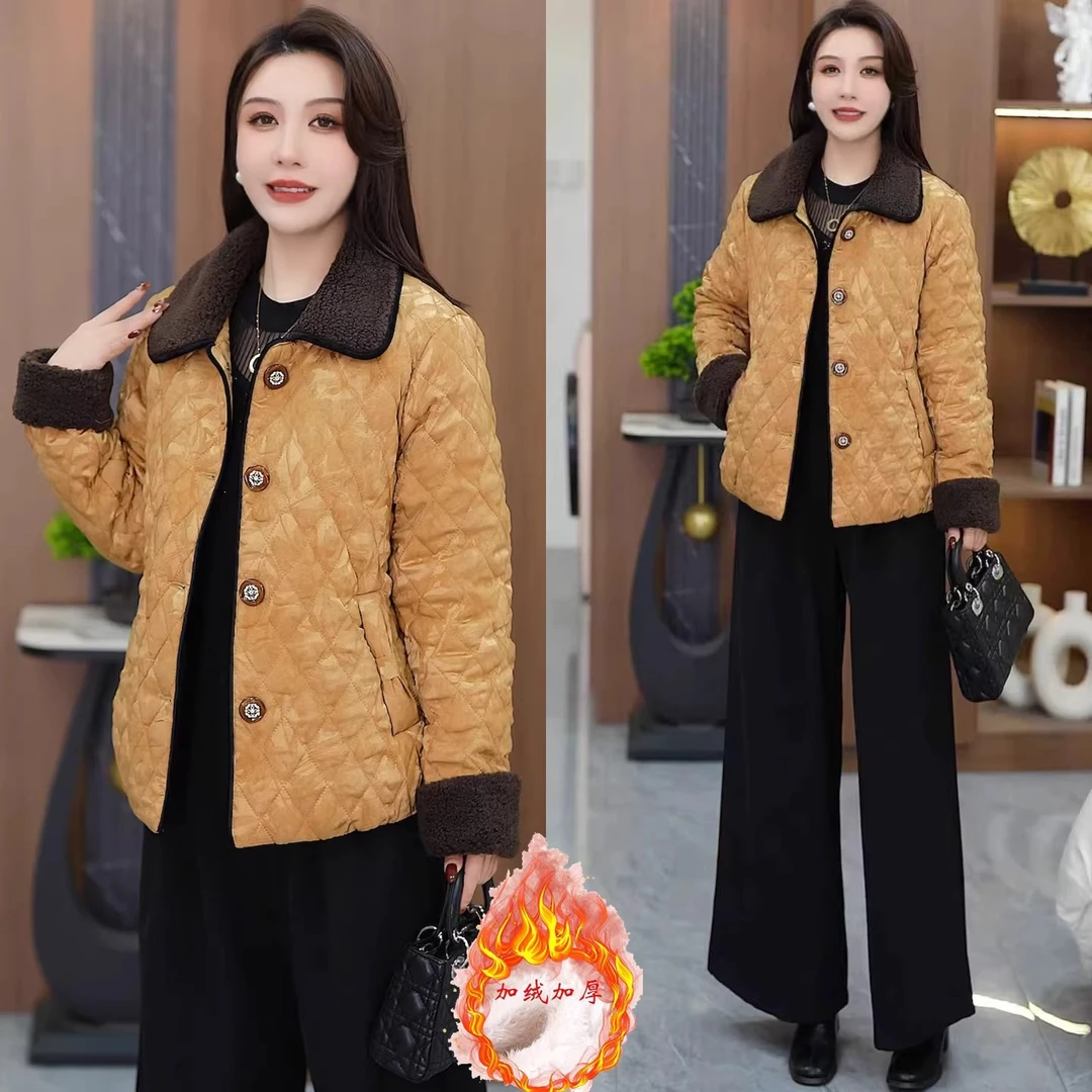 时尚翻领夹棉棉衣女2025冬季新款洋气减龄显瘦菱格短款加绒外套潮