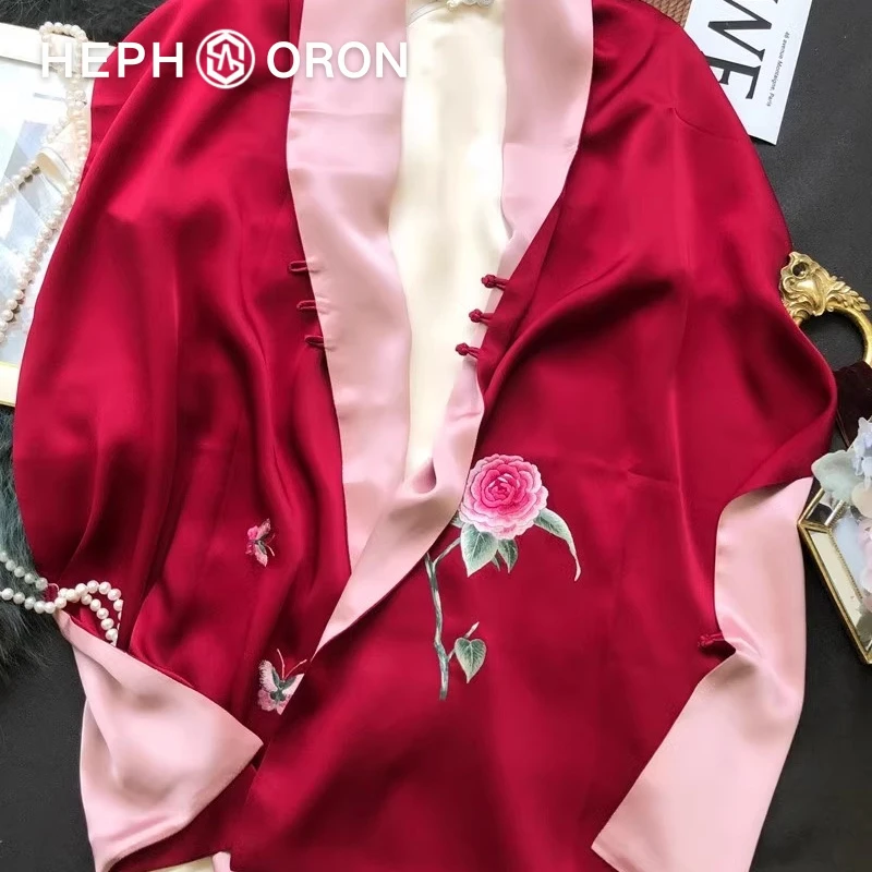 HEPHSORON苏绣丝巾礼盒送妈妈红色刺绣盘扣百搭桑蚕丝真丝围巾