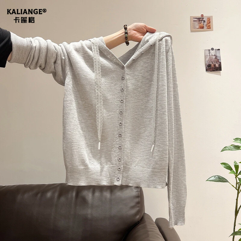 卡莲格/灰色连帽设计感长袖针织开衫外套女秋季新款宽松软糯毛衣
