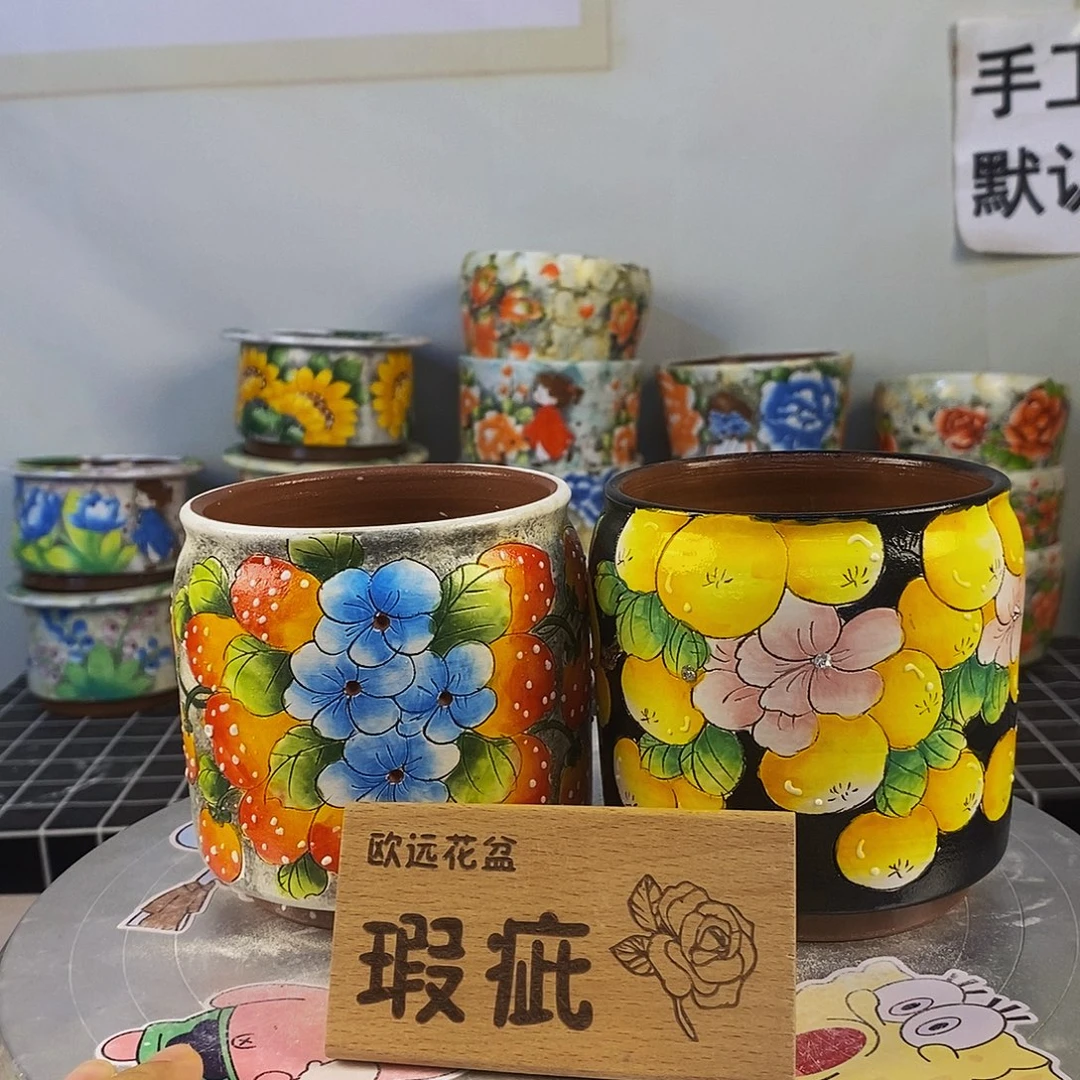 紫砂花盆红陶手绘花盆