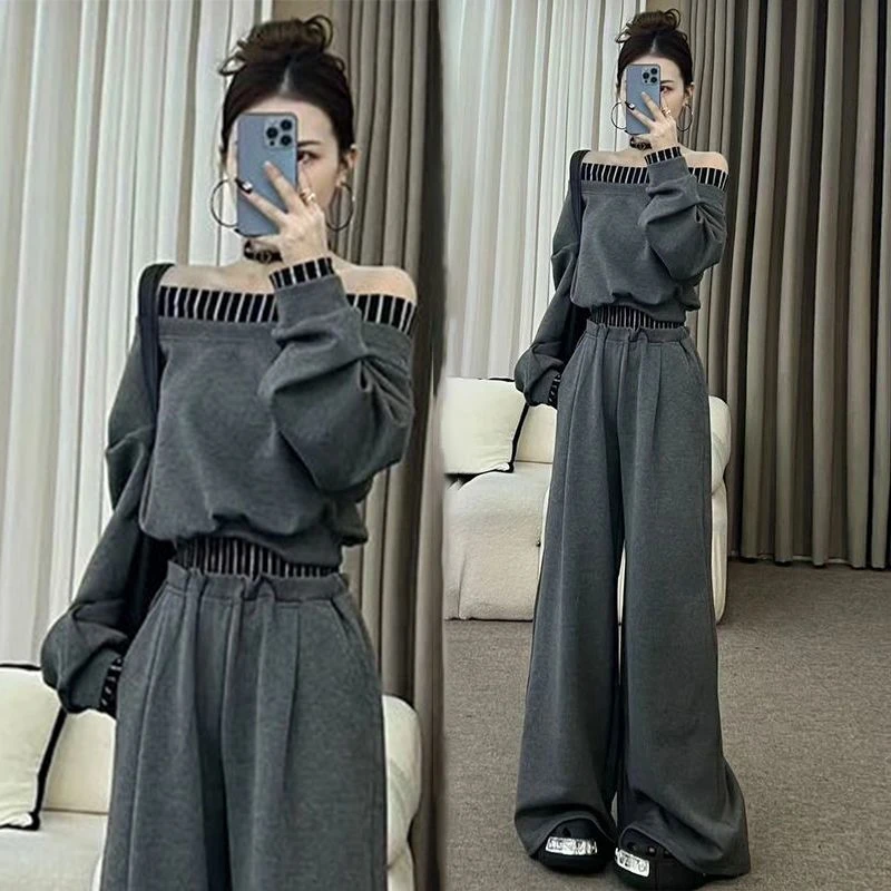 韩系慵懒风一字肩条纹拼接卫衣女2025年春秋高腰阔腿直筒裤两件套