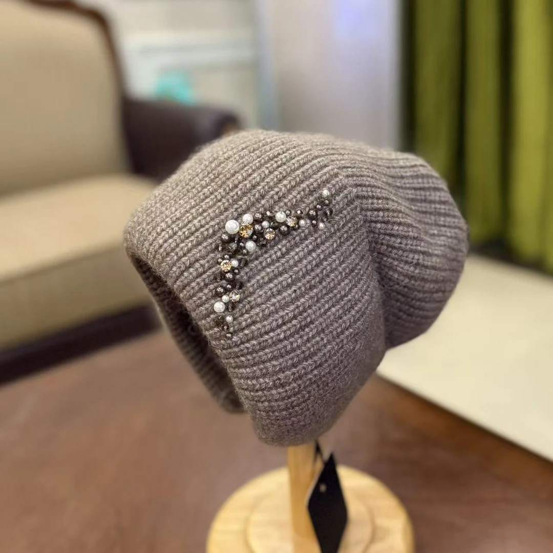 手工款水钻套头帽ins针织帽女士包头帽女帽子时尚秋冬保暖羊毛帽