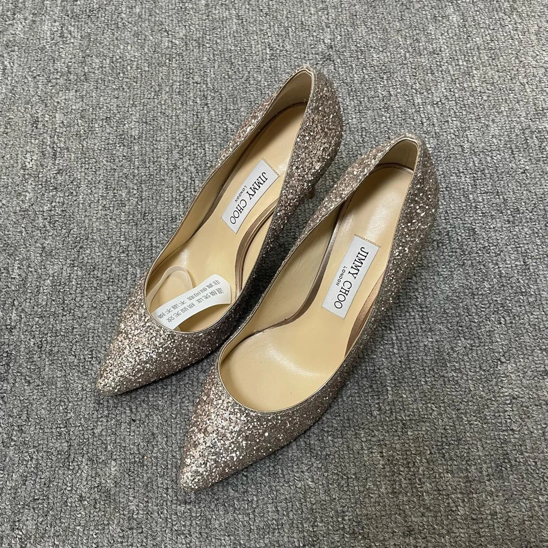 99新 JIMMY CHOO/吉米周 粗粒闪粉尖头高跟鞋 38码/3084