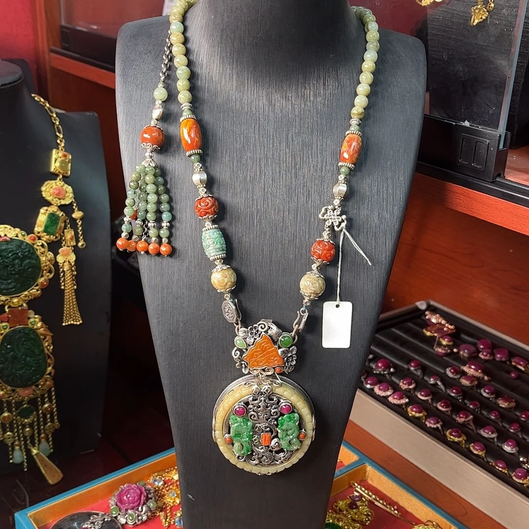 翡翠银S925镶嵌套链翡翠多宝项链套装