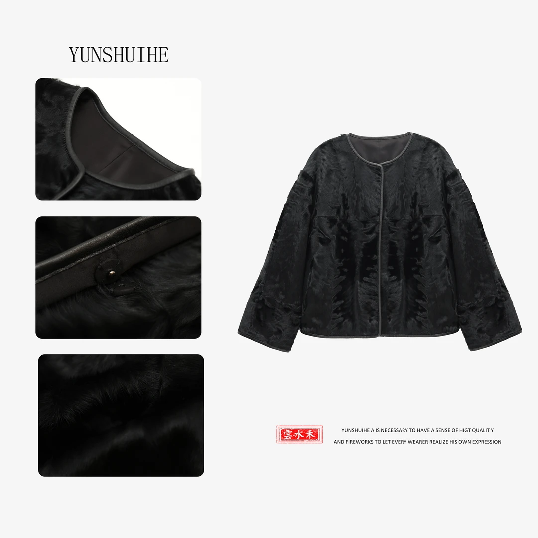 YUNSHUIHE/云水禾象羔拼接皮毛一体外套