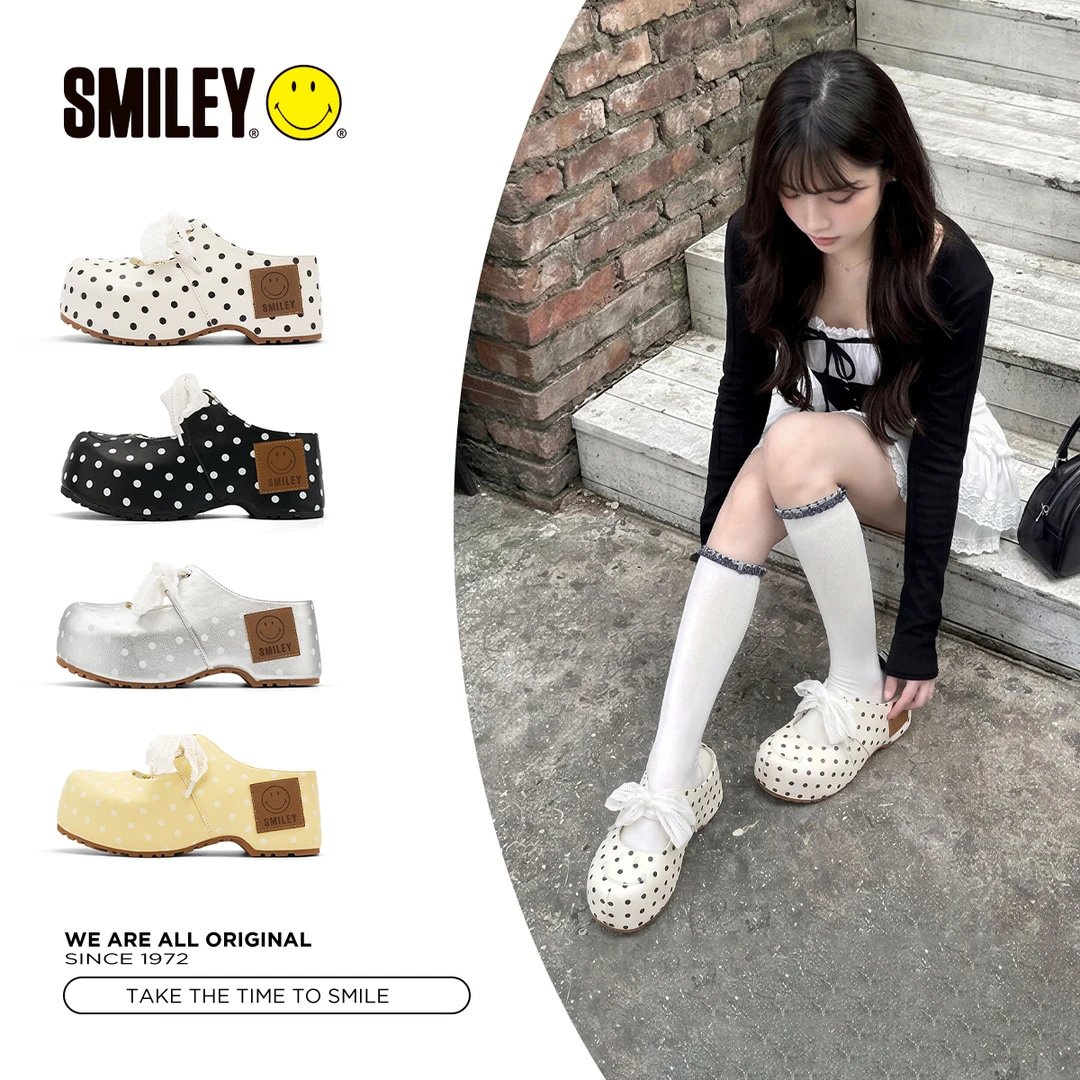 【鞠婧祎同款】SMILEY笑脸厚底增高波点半拖镂空蕾丝拖鞋女鞋外穿