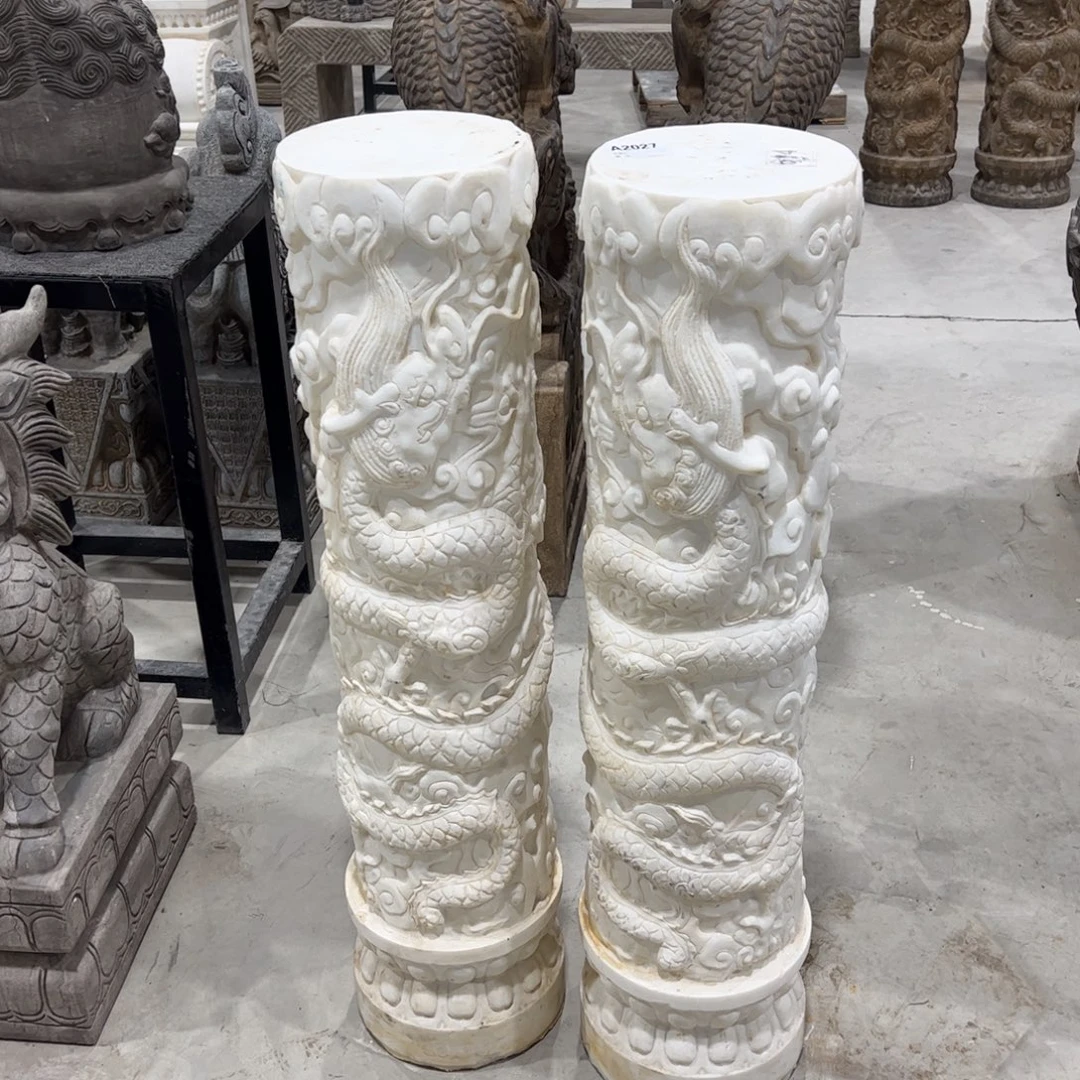石材包邮 高1米 一对盘龙石柱 天然汉白玉